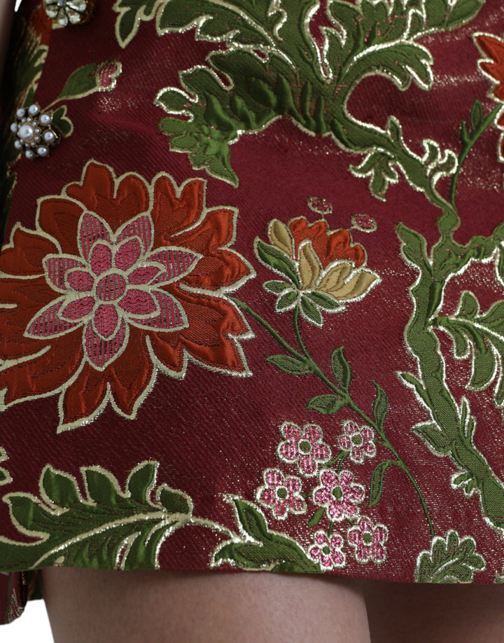Dolce & Gabbana Maroon Floral Jacquard A-line Mini Skirt