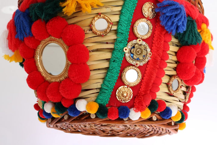 Dolce & Gabbana Multicolor AGNESE Straw Crystal  Pom Pom Bag