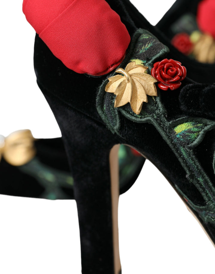 Black Roses Crystal Brooch Mary Jane Shoes