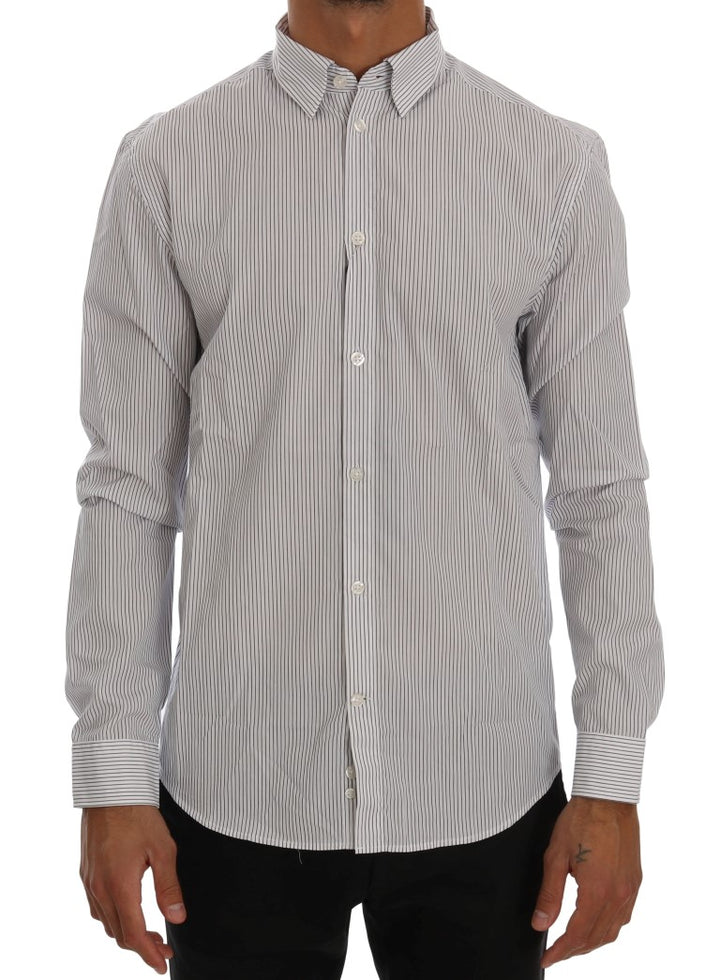 Frankie Morello White Blue Striped Casual Cotton Regular Fit Shirt