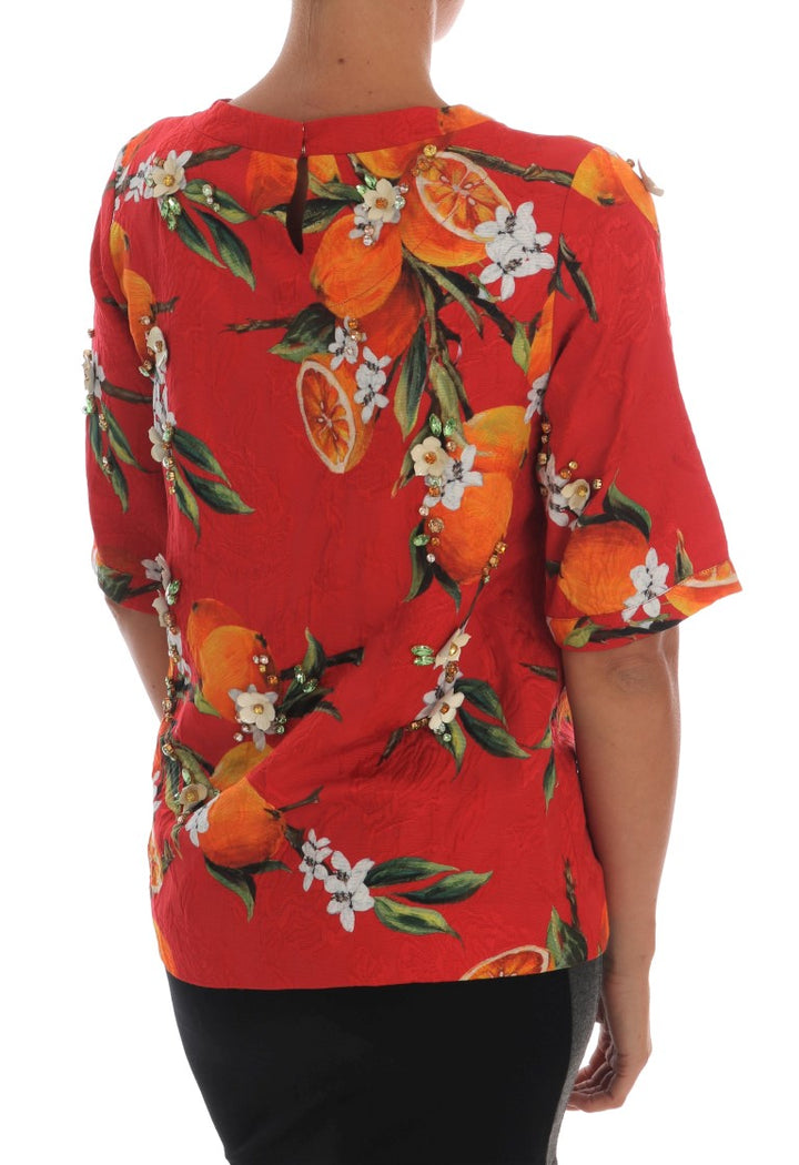 Dolce & Gabbana Orange Print Crystal-Embellished Blouse