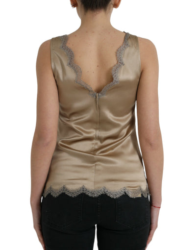 Dolce & Gabbana Brown Lace Trim V-neck Sleeveless Tank Top