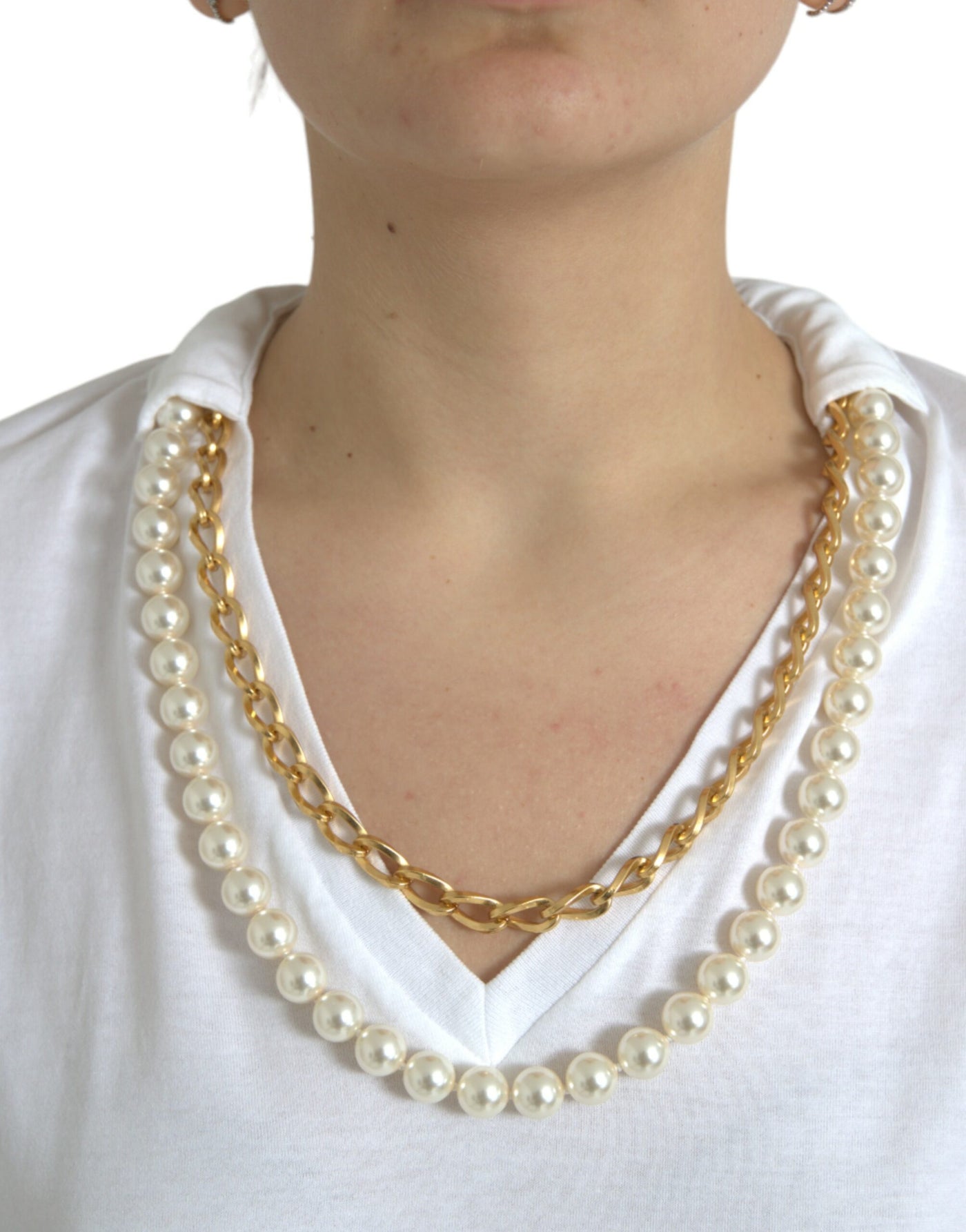 Dolce & Gabbana Elegant White Cotton Tee with Necklace Detail
