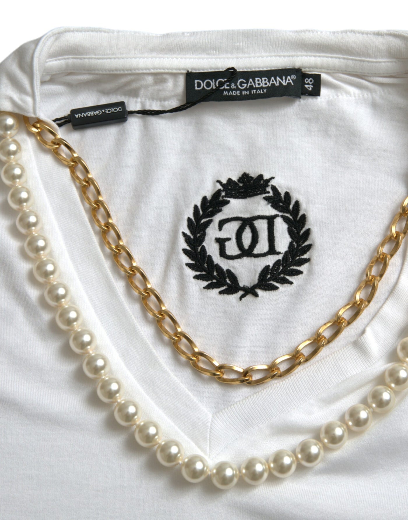 Dolce & Gabbana Elegant White Cotton Tee with Necklace Detail