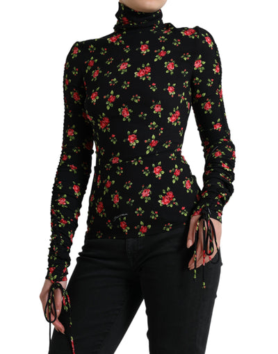 Dolce & Gabbana Black Rose Print Turtle Neck Blouse Top