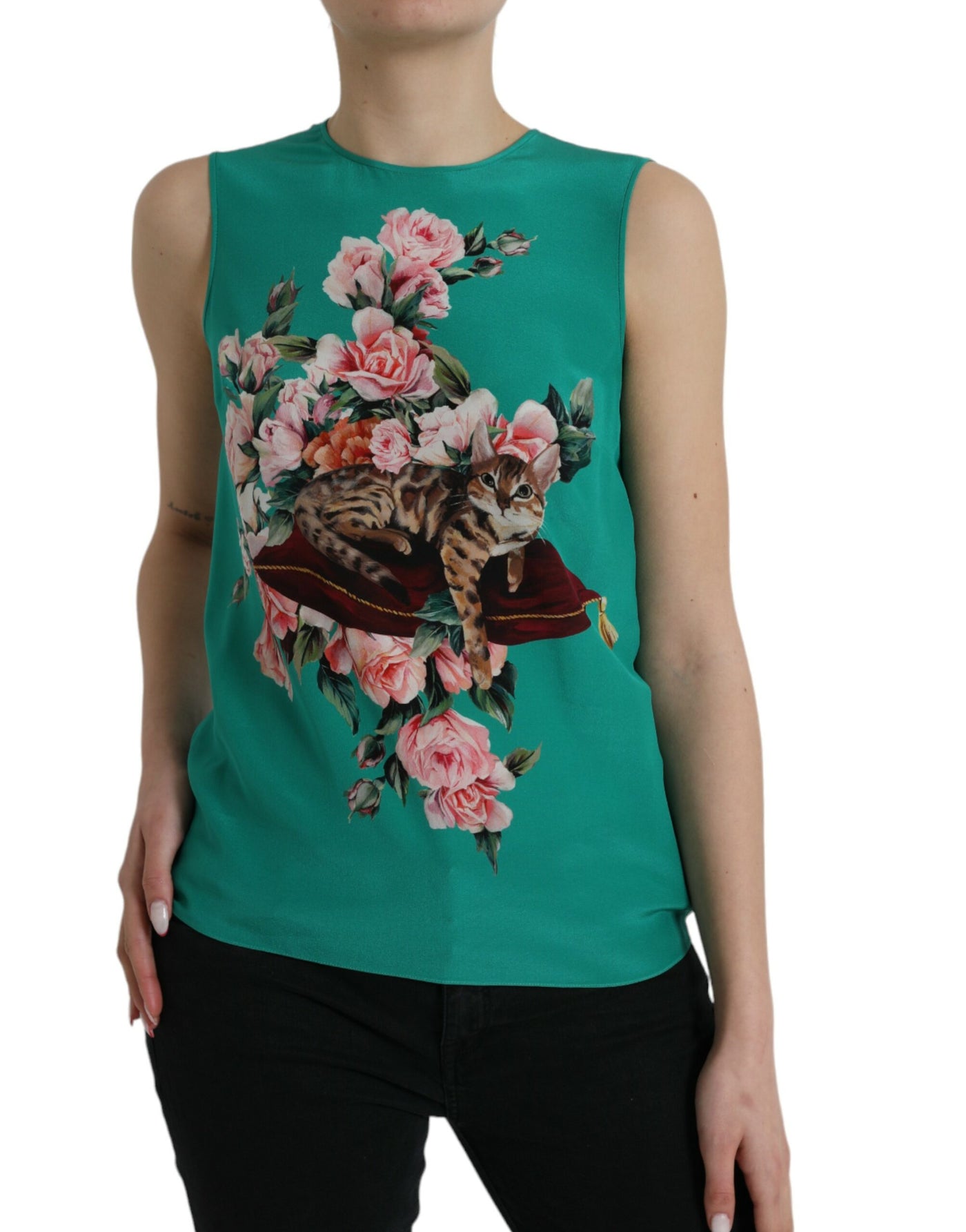 Dolce & Gabbana Green Floral Cat Silk Round Neck Tank Top