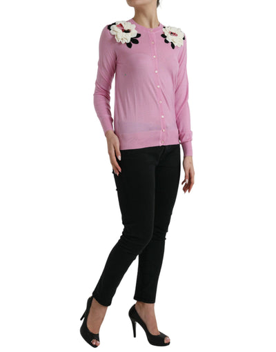Dolce & Gabbana Pink Floral Crew Neck Button Cardigan Sweater