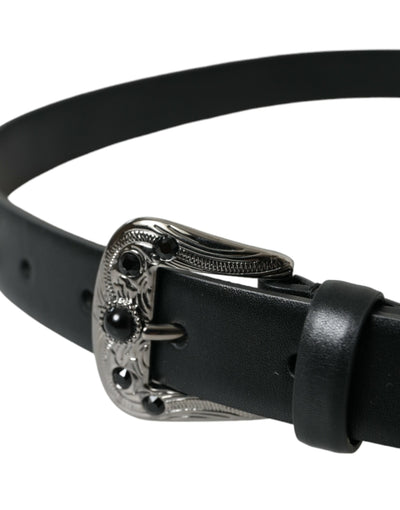 Dolce & Gabbana Black Embellished Leather Engraved Buckle Belt