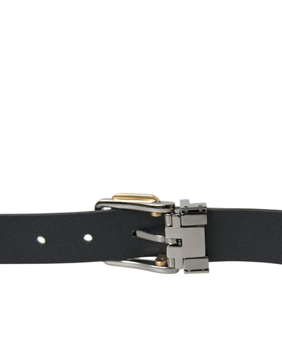 Dolce & Gabbana Black Leather Gold Silver Metal Buckle Belt