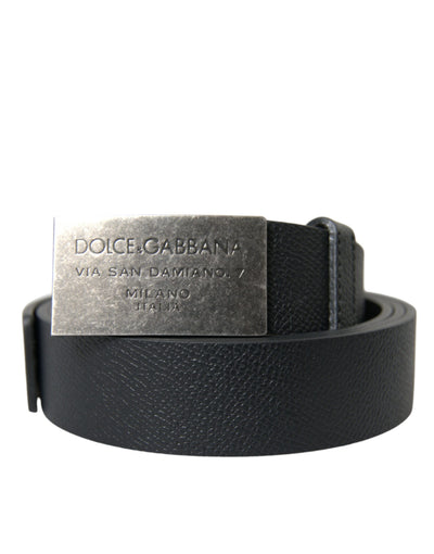 Dolce & Gabbana Black Leather Silver Rectangle Buckle Belt