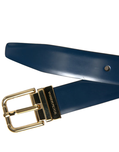 Dolce & Gabbana Blue Calf Leather Gold Metal Buckle Belt
