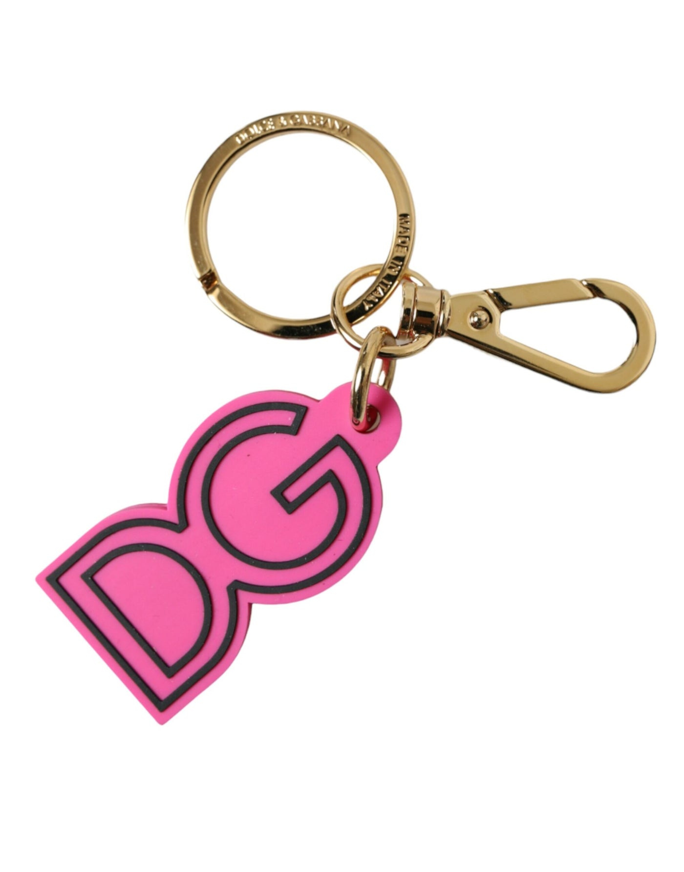 Dolce & Gabbana Pink Rubber Gold Tone Metal DG Logo Keyring Keychain