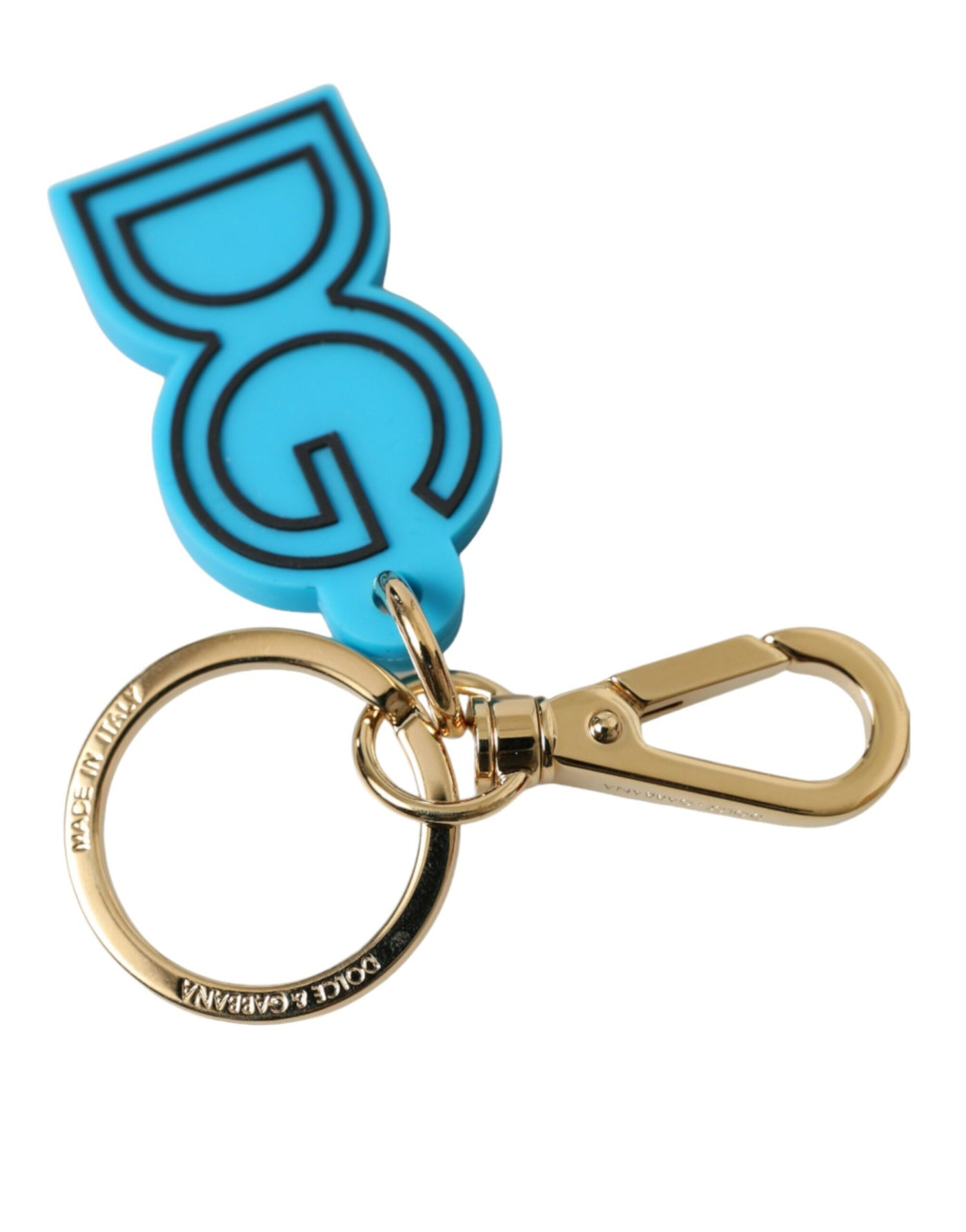 Dolce & Gabbana Blue Rubber Gold Tone Metal DG Logo Keyring Keychain