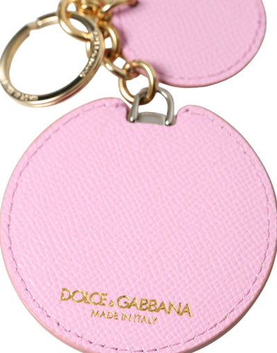 Dolce & Gabbana Pink Calf Leather Gold Metal Logo Print Keyring Keychain
