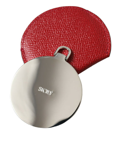 Dolce & Gabbana Red Calfskin Leather Round Logo Hand Mirror Holder