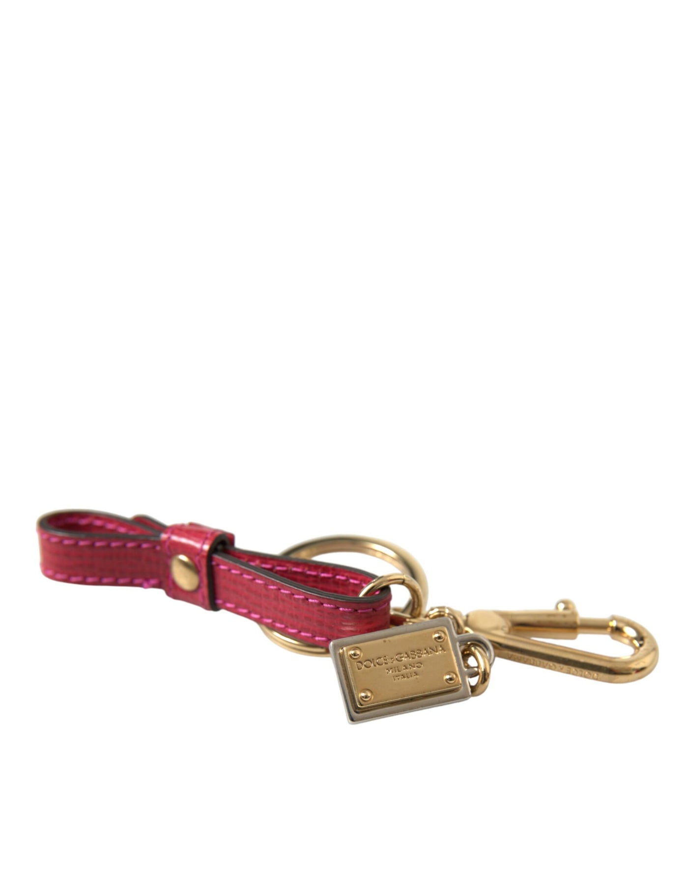Dolce & Gabbana Red Calf Leather Gold Metal Logo Plaque Keyring Keychain