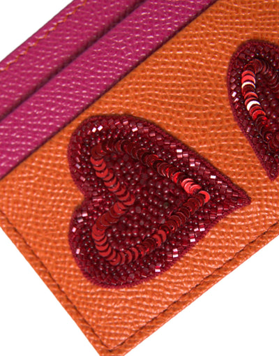 Pink Orange Heart Sequin Leather Logo Card Holder Wallet