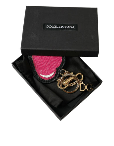 Dolce & Gabbana Pink Black Heart Leather Gold Tone Brass Keyring Keychain