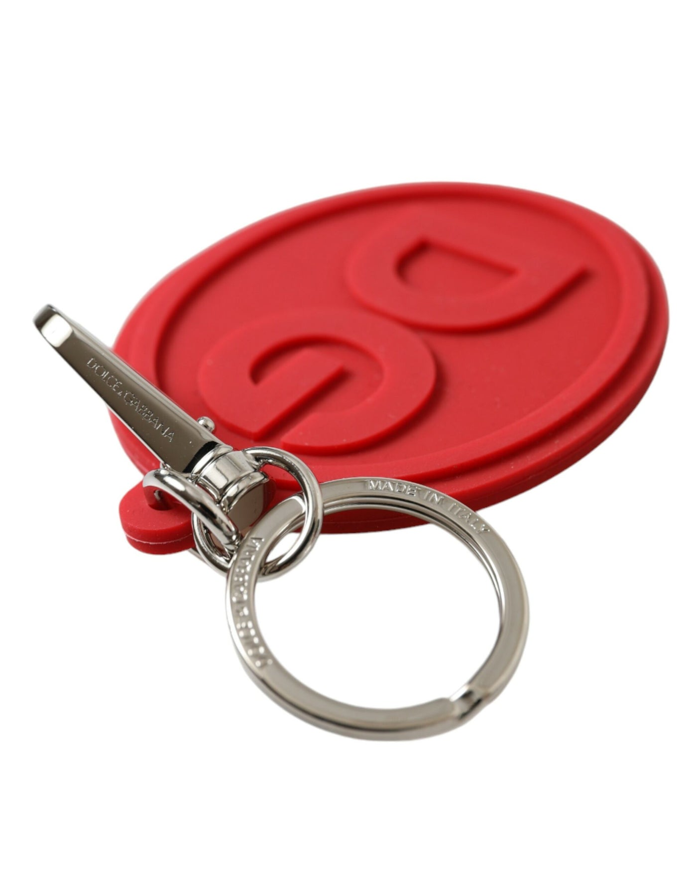 Dolce & Gabbana Red Rubber DG Logo Silver Brass Metal Keyring Keychain