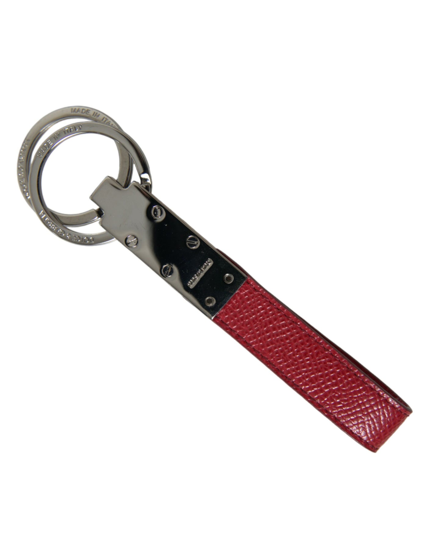 Dolce & Gabbana Red Leather Logo Plaque Silver Brass Keyring Keychain