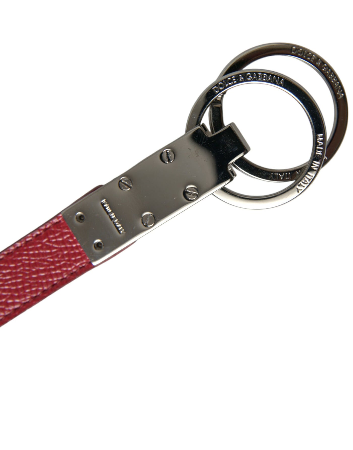 Dolce & Gabbana Red Leather Logo Plaque Silver Brass Keyring Keychain