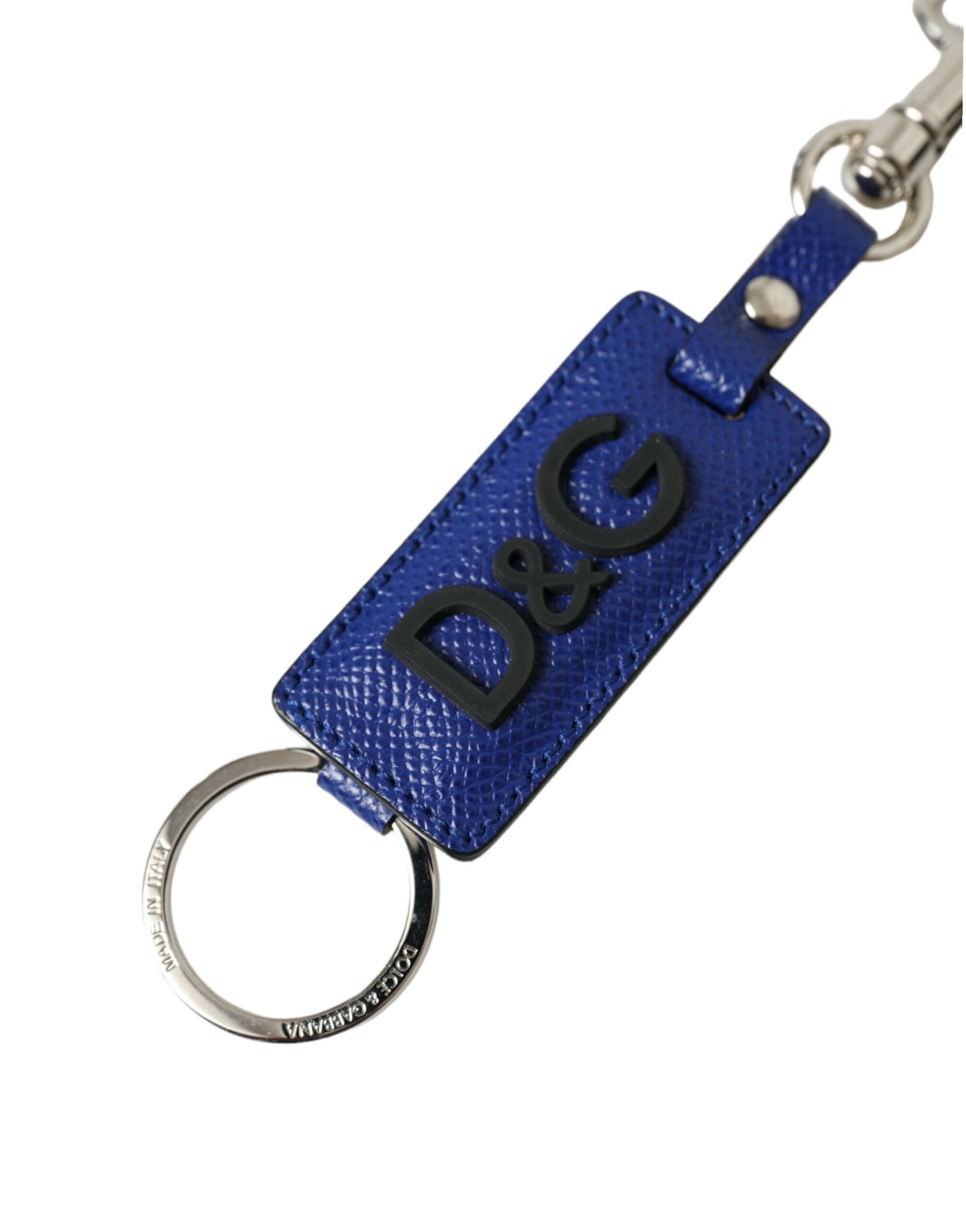 Dolce & Gabbana Blue Calf Leather DG Logo Silver Brass Keyring Keychain