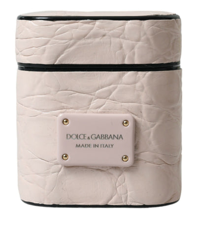 Dolce & Gabbana Light Pink Calf Leather Metal Logo Plaque Airpods Case