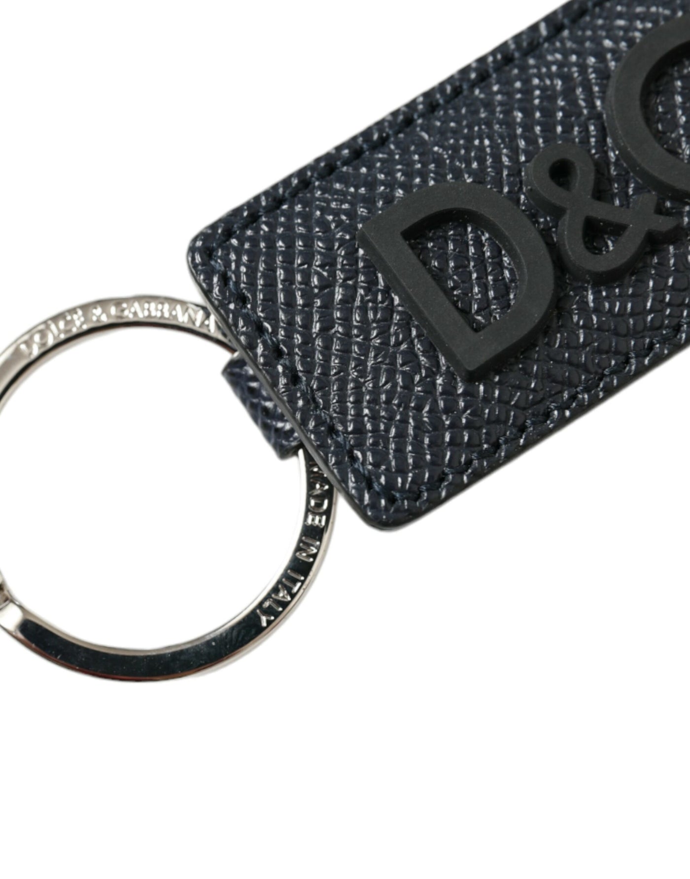 Dolce & Gabbana Black Calf Leather DG Logo Silver Brass Keyring Keychain