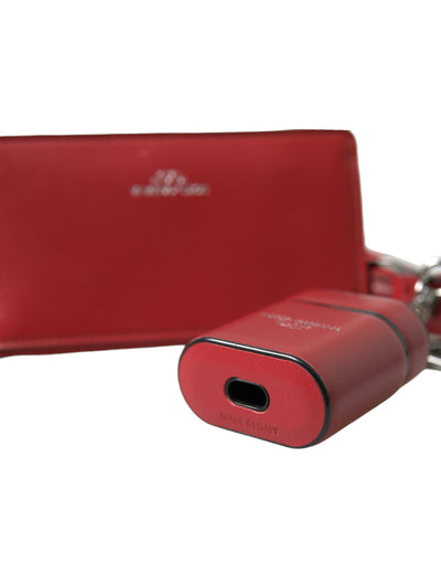 Dolce & Gabbana Red Leather Silver Metal Logo Strap Pouch Airpods Case