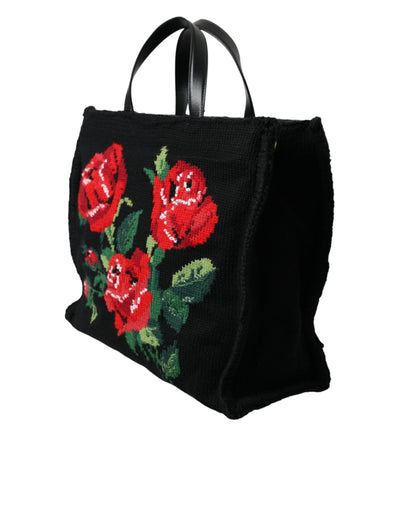 Dolce & Gabbana Black Cashmere Rose Embroidery Shopping Tote Bag