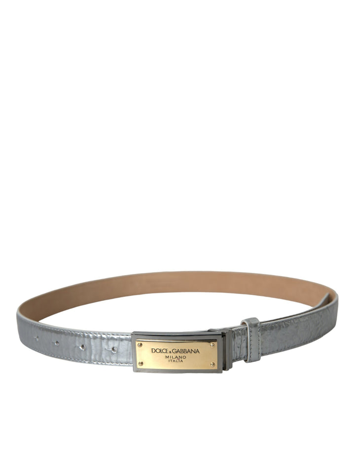 Dolce & Gabbana Silver Leather Metal Logo Buckle Belt Men