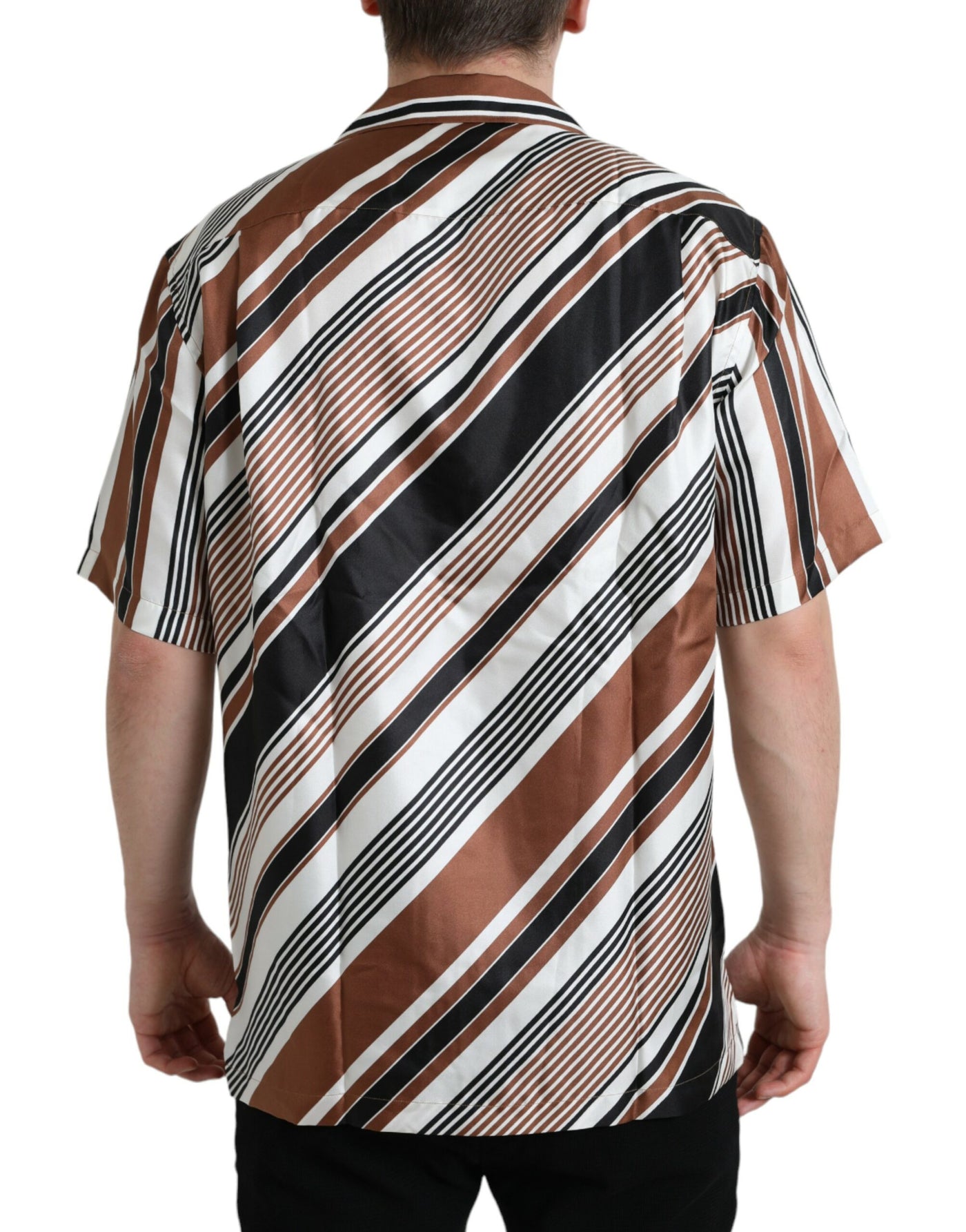 Dolce & Gabbana Brown White Silk Striped Short Sleeve Shirt