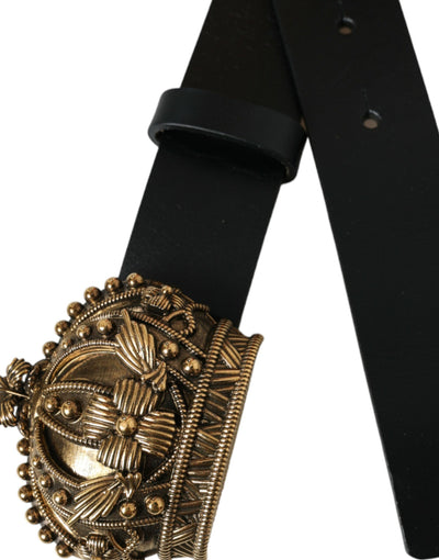 Black Leather Gold Crown Metal Buckle Belt