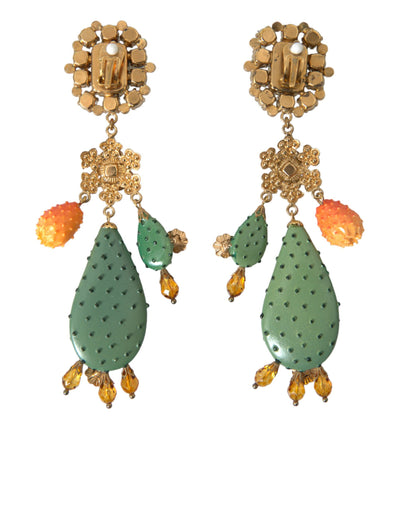 Green Cactus Crystal Clip On Jewelry Dangling Earrings