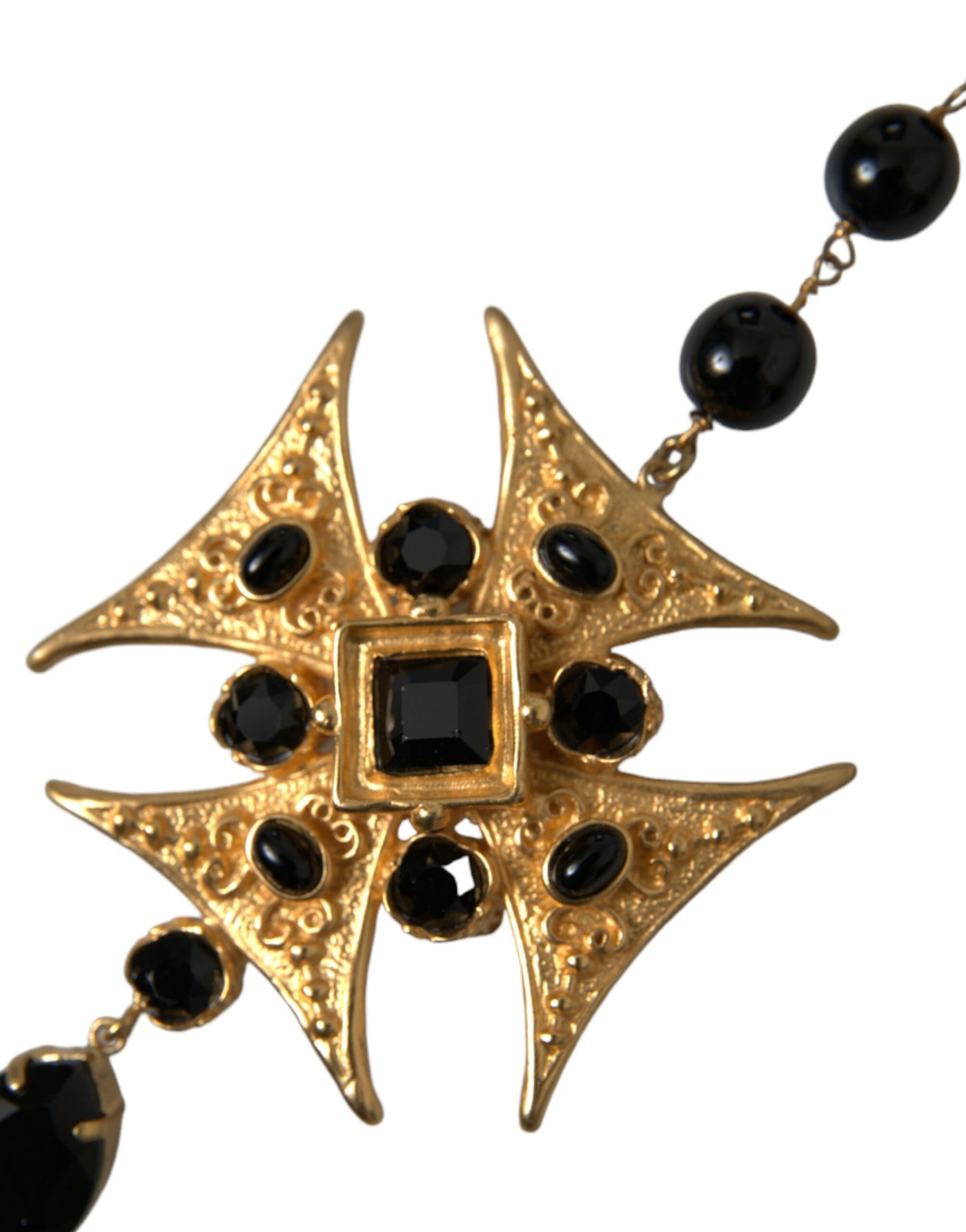 Gold Tone Brass Cross Black Beaded Chain Rosary Necklace