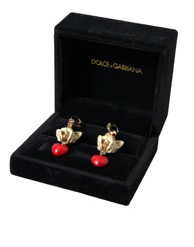 Gold Brass Heart Dog Red Crystal Dangling Earrings
