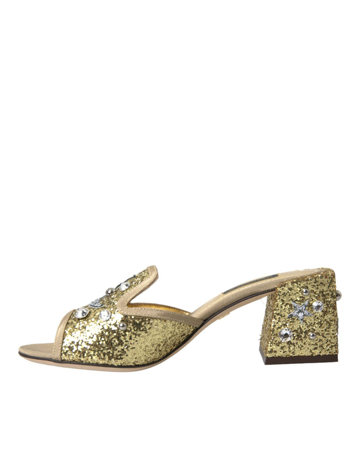 Dolce & Gabbana Gold Sequin Leather Heels Sandals Shoes