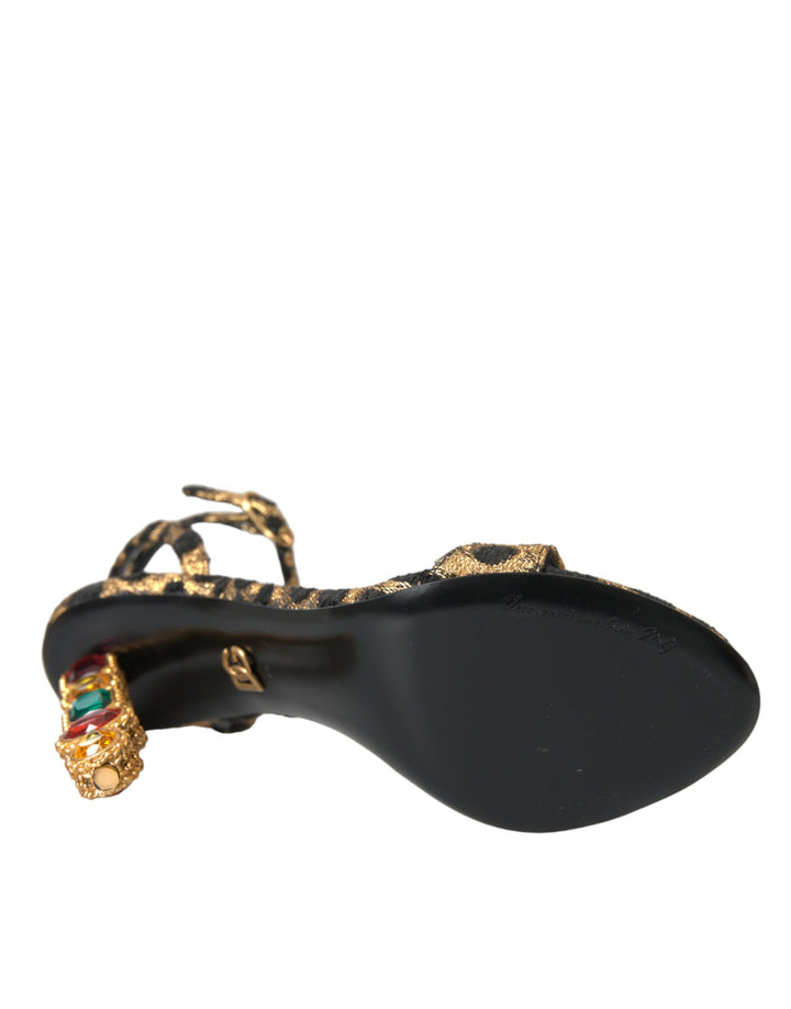 Dolce & Gabbana Gold Leopard Crystals Heels Sandals Shoes