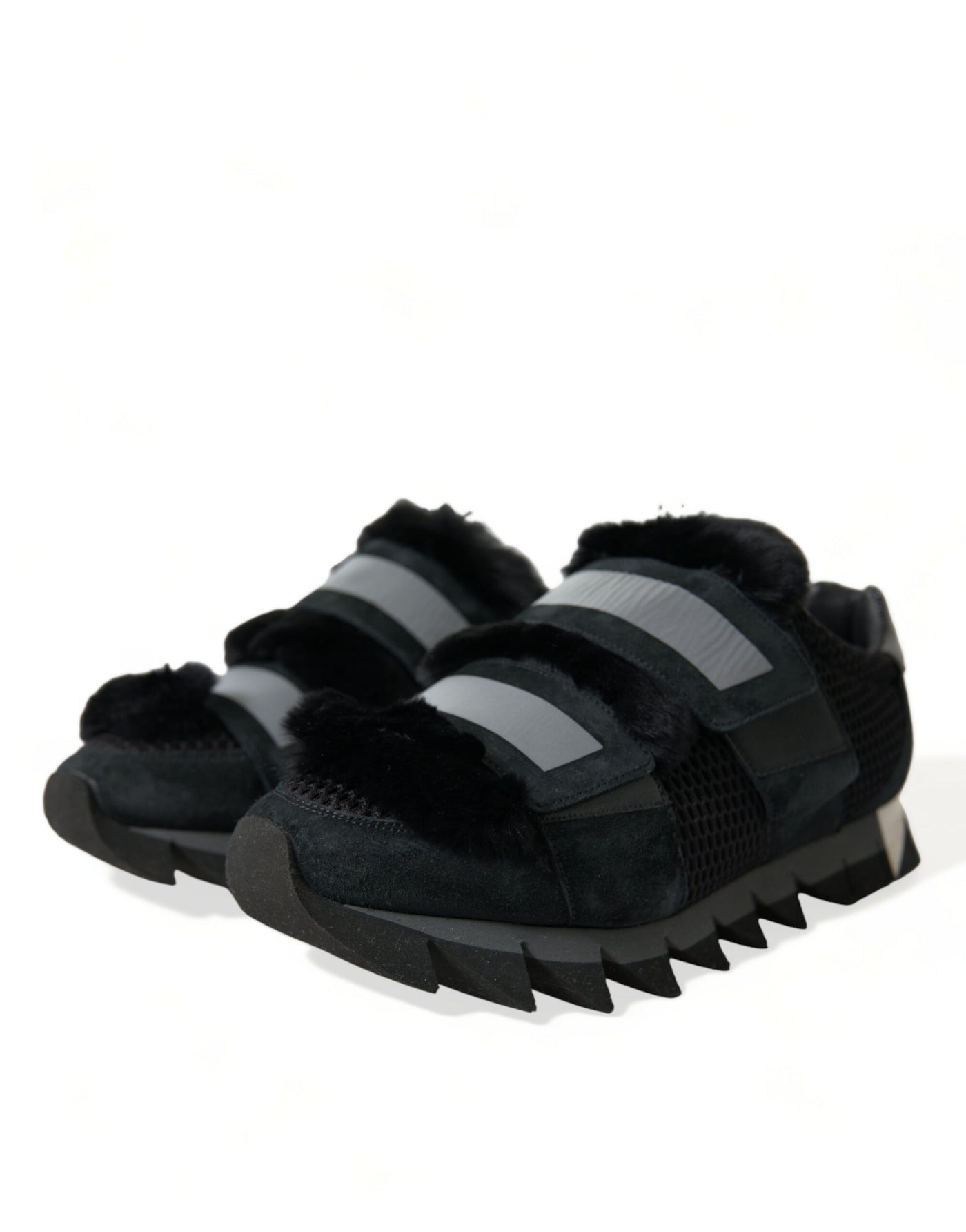 Dolce & Gabbana Black Fur Embellished Suede Sneakers Shoes