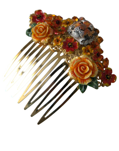 Gold Brass Crystal Leopard Floral Hair Comb