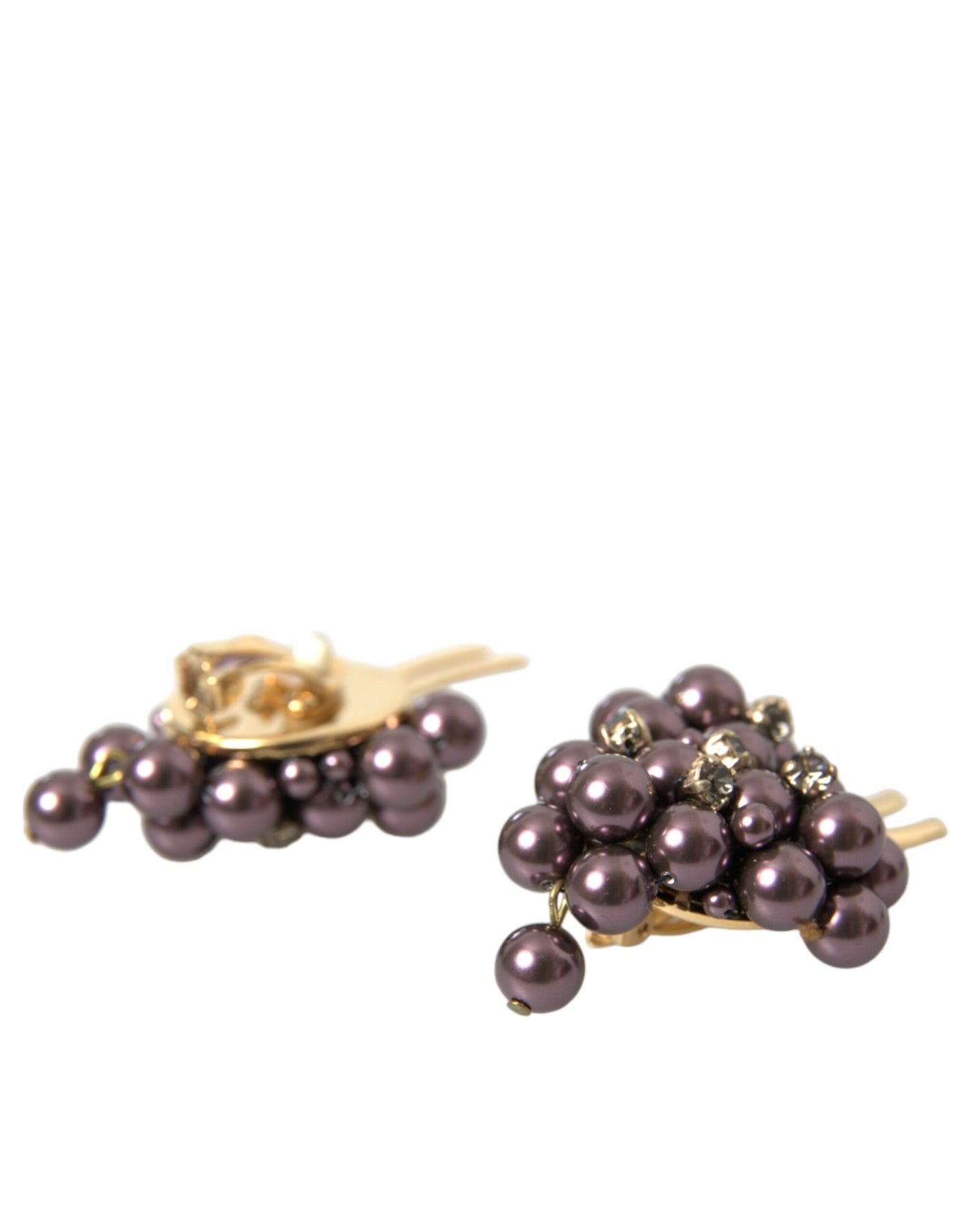 Purple Grape Pearl Sicily Gold Brass Floral Clip On Earrings