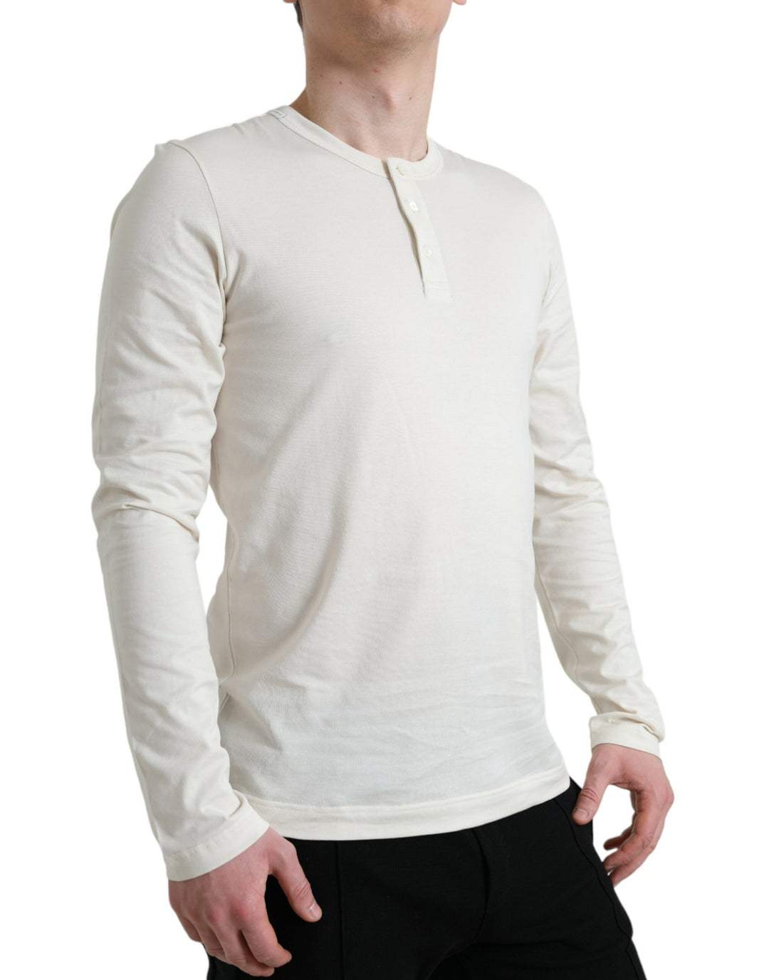 Dolce & Gabbana Off White Cotton Henley Pullover Sweater