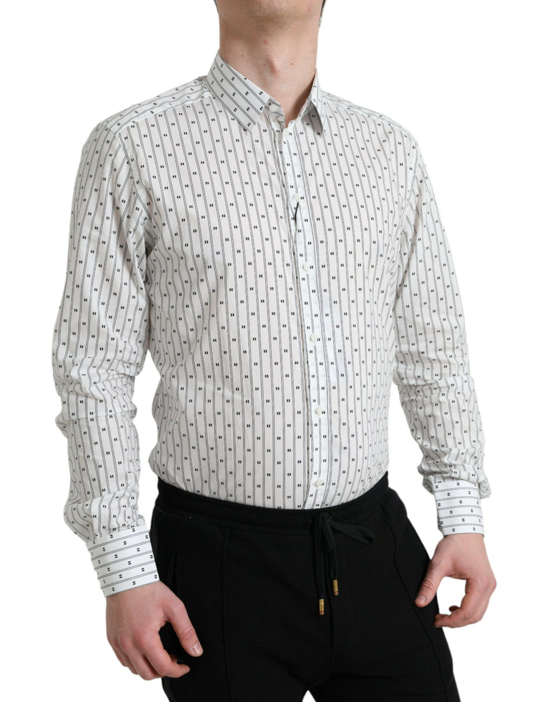 Dolce & Gabbana  White Patterned Men GOLD Formal Dress Shirt
