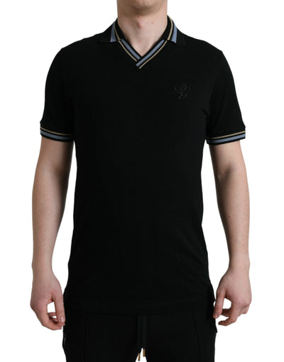 Dolce & Gabbana Black Cotton Collared V-neck Polo T-shirt