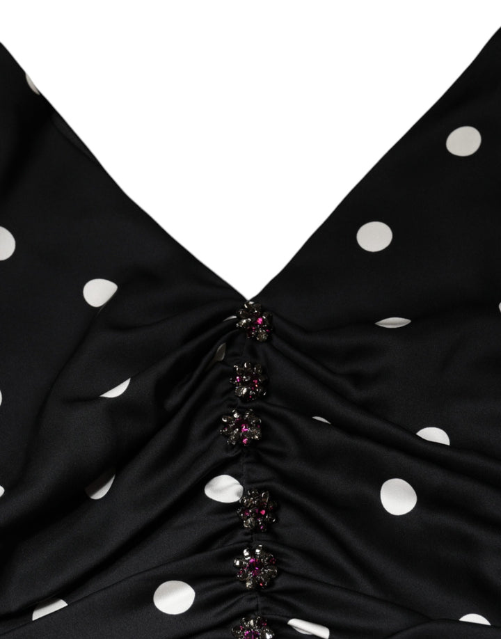 Dolce & Gabbana Black Silk Polka Dot Vneck Tassel Midi Dress