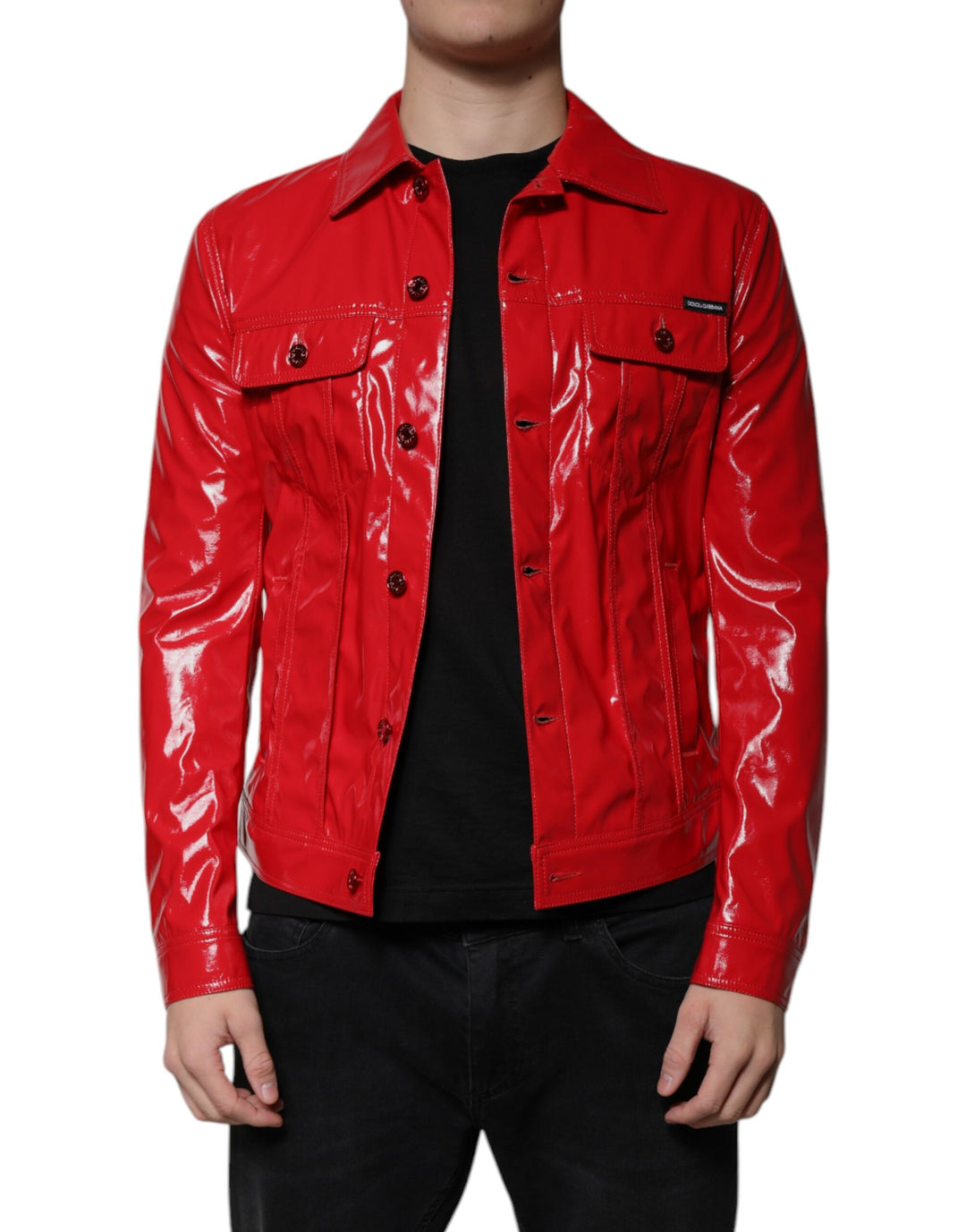 Red Polyester Jacket Red Polyester Button Down Collared Jacket – SEYMAYKA