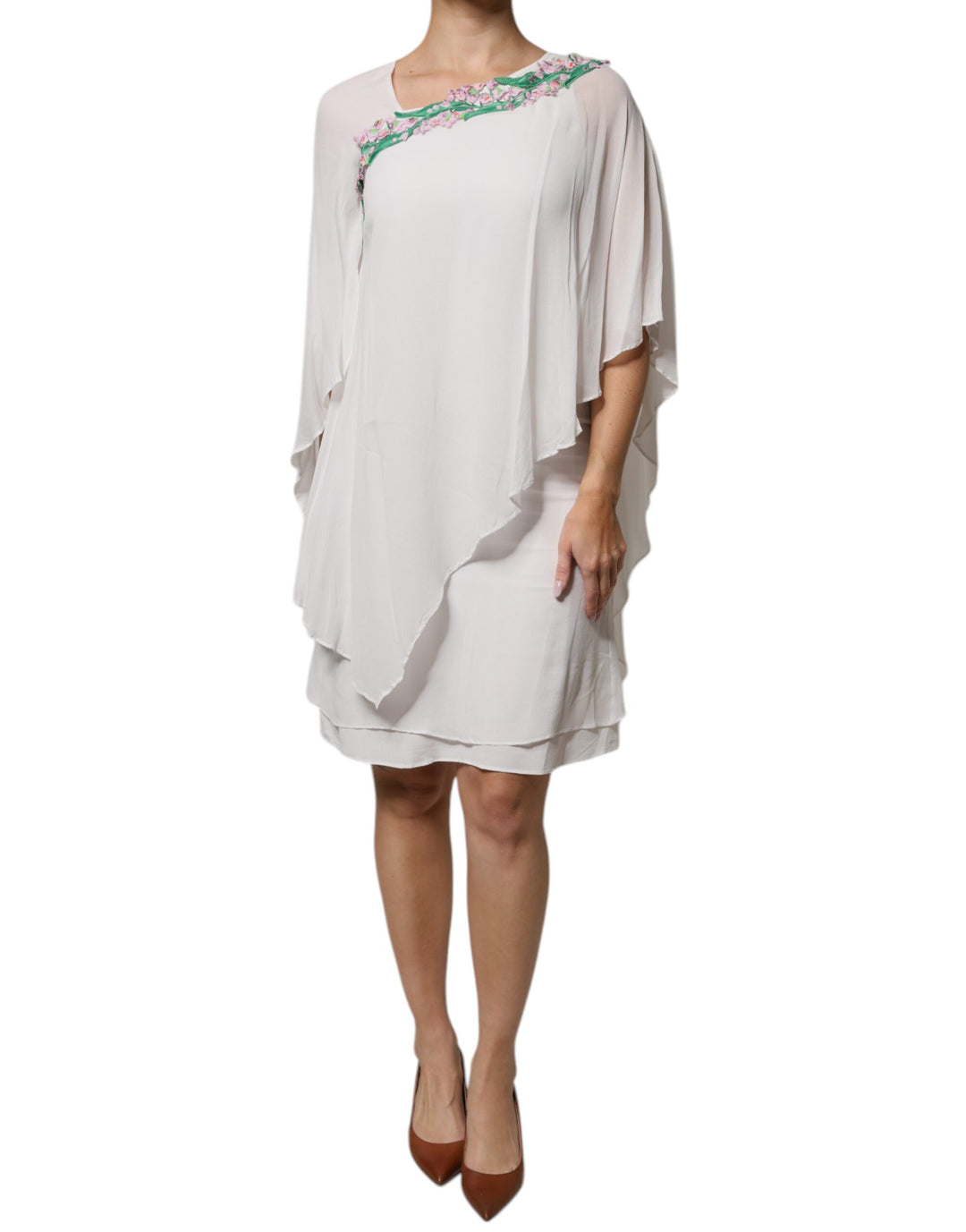 Blumarine White Floral Embroidery Viscose Chiffon Shift Dress SEYMAYKA Blumarine White Floral Embroidery Viscose Chiffon Shift Dress SEYMAYKA