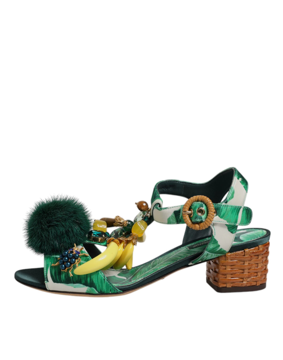 Green Crystal Fur Embellished Sandals Shoes
