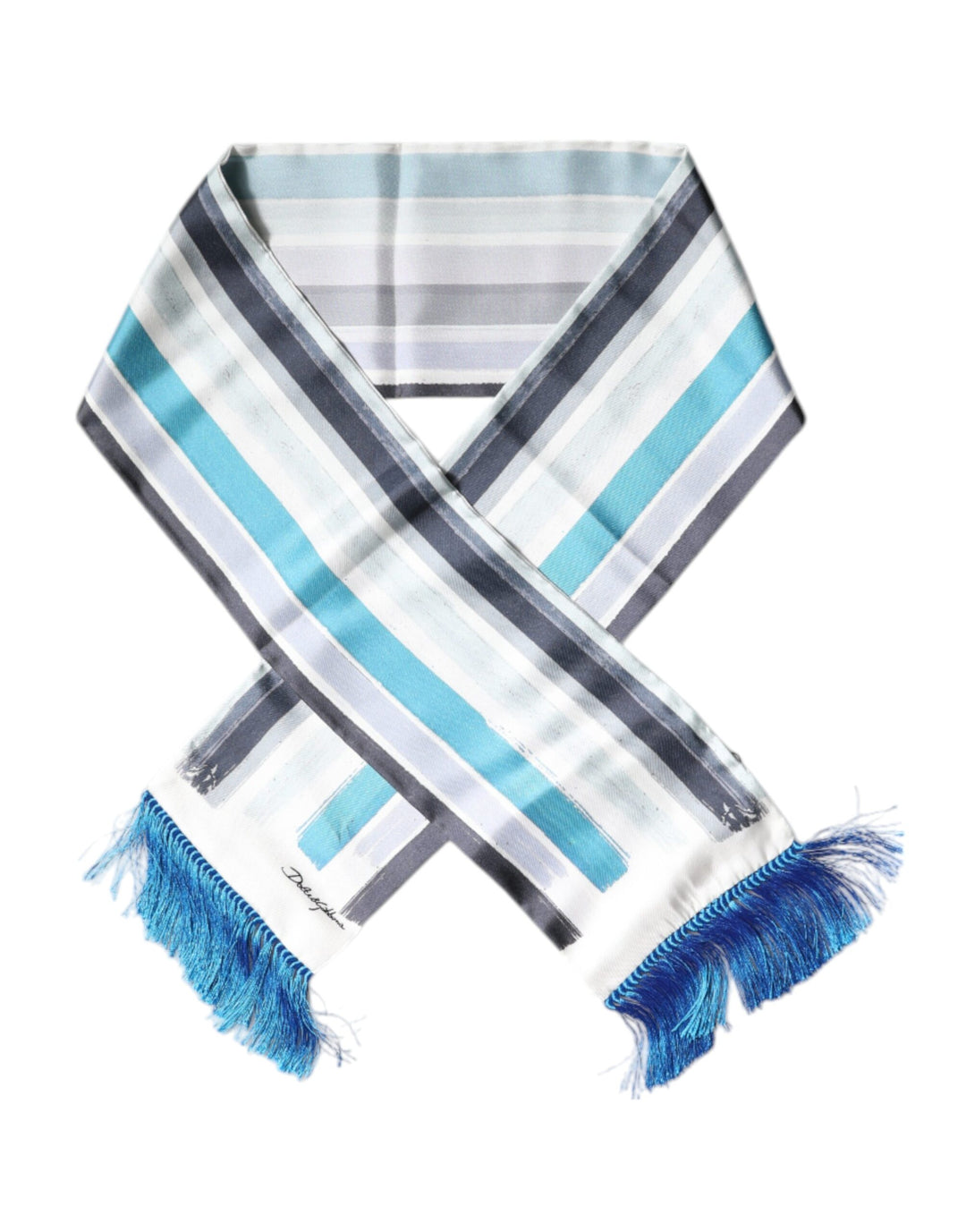White Blue Stripes Silk Fringes Wrap Scarf