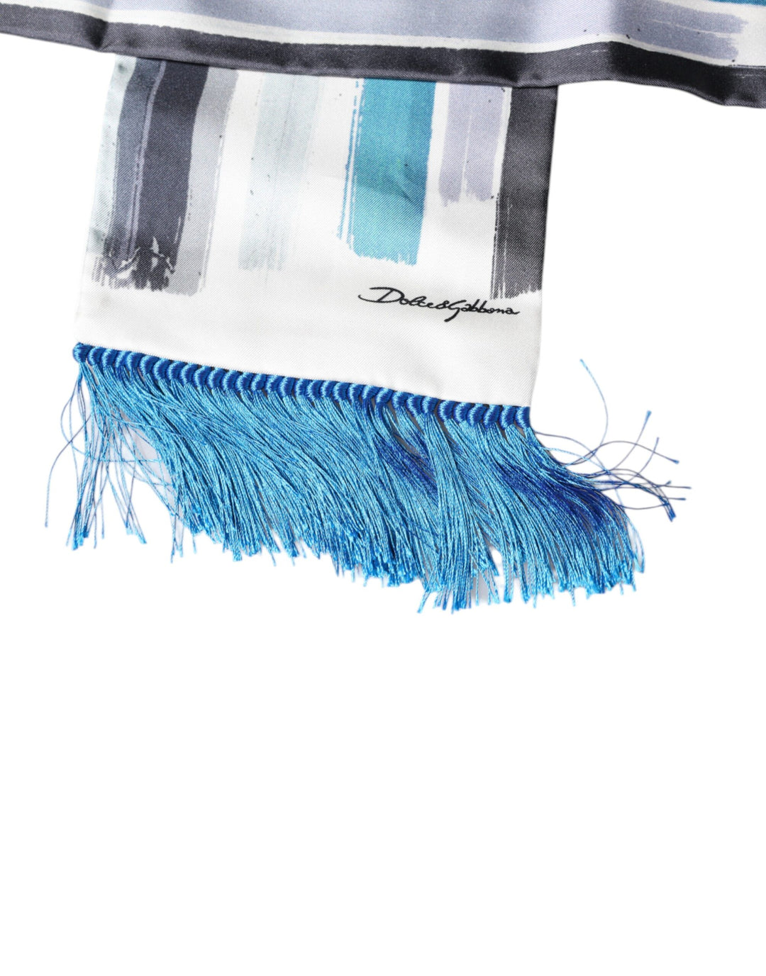 White Blue Stripes Silk Fringes Wrap Scarf
